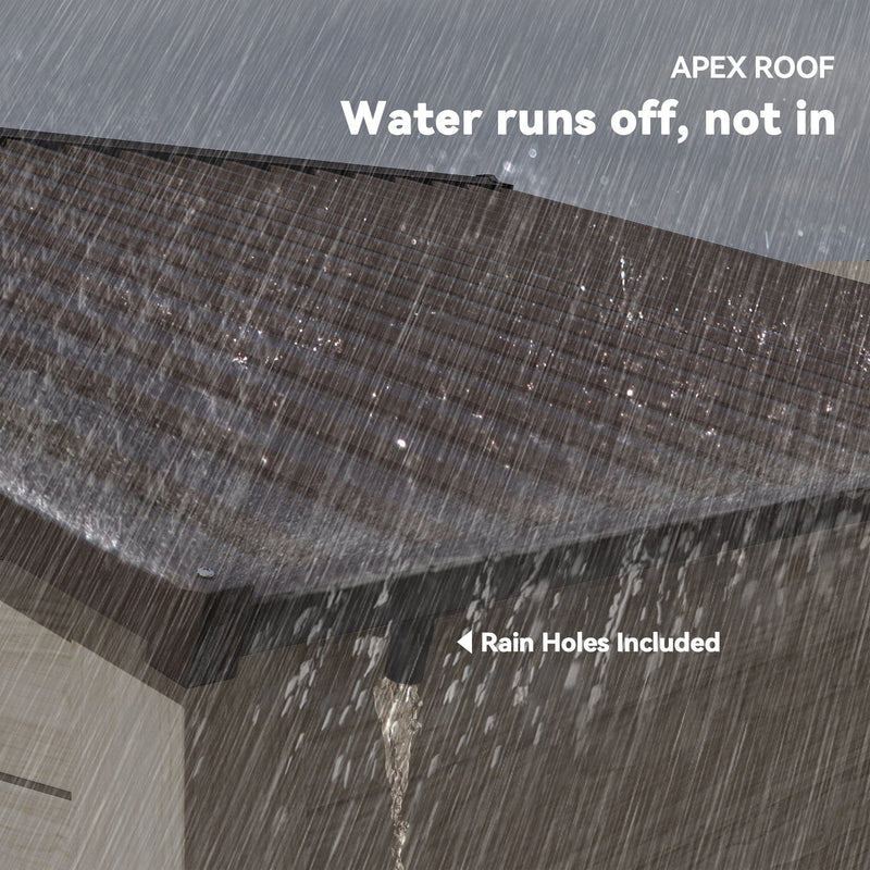 Rain running off the apex roof of the shed with the drainage rain holes marked