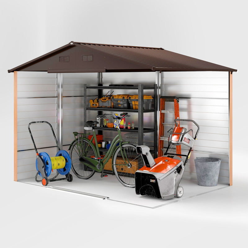Cutaway view inside the wood effect shed showing shelving, a bike and garden machinery