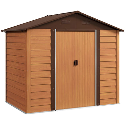 Studio front view of the 8x6ft wood effect brown Outsunny metal shed with doors closed