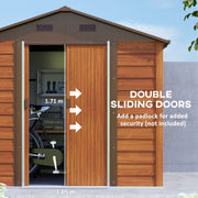 Sliding door open on the shed showing the 105 cm opening and a note that a padlock is extra
