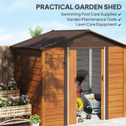 Wood effect shed in a planted garden holding a rake, a wheelbarrow and lawn care equipment