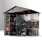 Cutaway view inside the shed with a man, shelving, a bike and stacked storage boxes