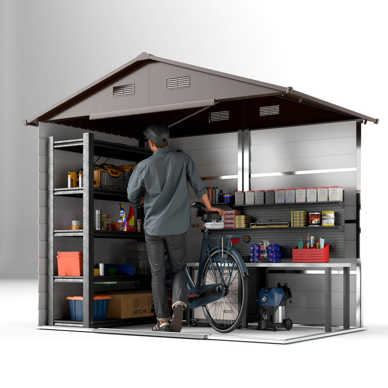 Cutaway view inside the shed with a man, shelving, a bike and stacked storage boxes