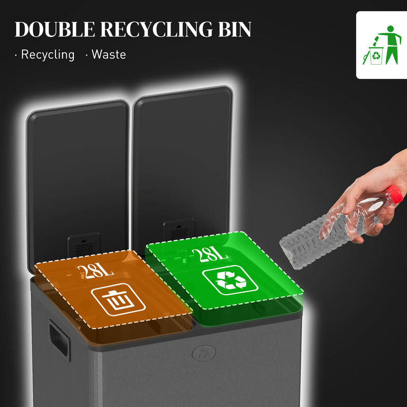 56L Dual Compartment Recycling Bin with Deodoriser Holders for Kitchen Use Black