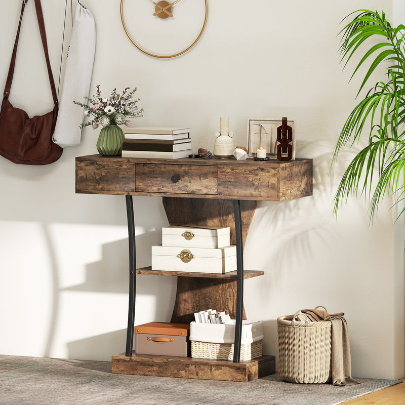 Industrial 3 Tier Console Table with Drawer and Storage Shelves for Hallway Rustic Brown AOSOM