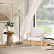 Accent Armchair with Wide Wooden Frame and Thick Linen Seat for Home or Office Cream White