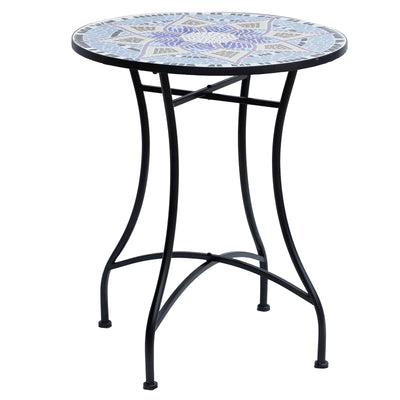 Small Round Mosaic Garden Side Table with 60cm Ceramic Top for Patio or Balcony