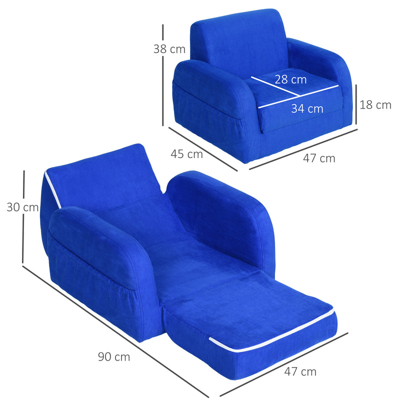 2 in 1 Kids Armchair and Fold Out Sofa Bed with Wooden Frame for Bedroom Use, Blue