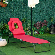 Red Foldable Sun Lounger with Pillow and Reading Hole for Garden or Beach Relaxation