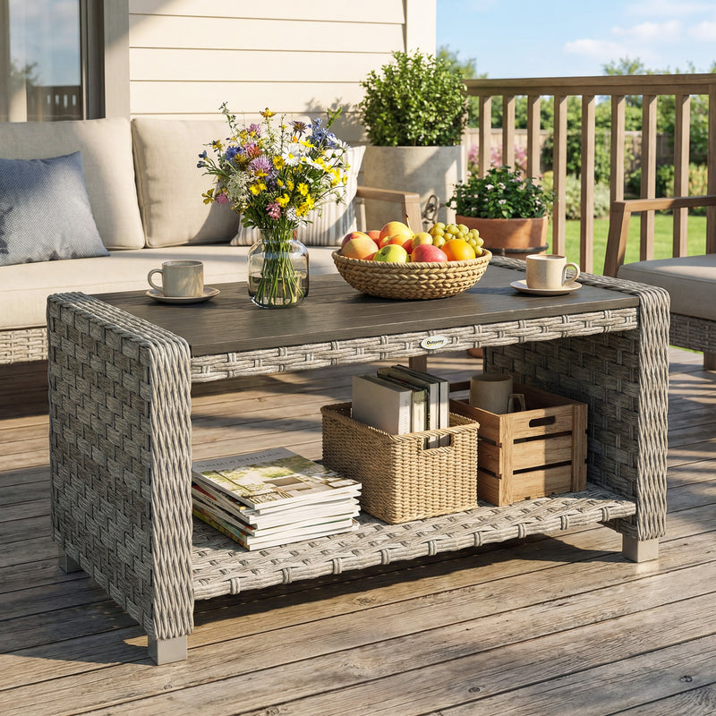 Rattan Coffee Table with Two-Tier Storage for Garden or Conservatory Grey