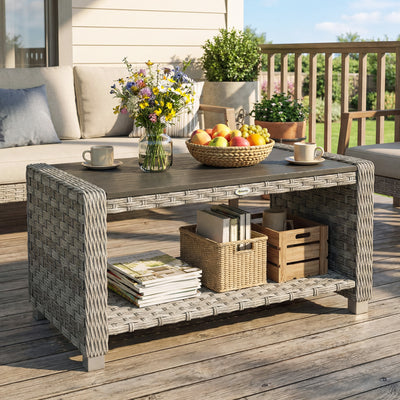 Rattan Coffee Table with Two-Tier Storage for Garden or Conservatory Grey AOSOM