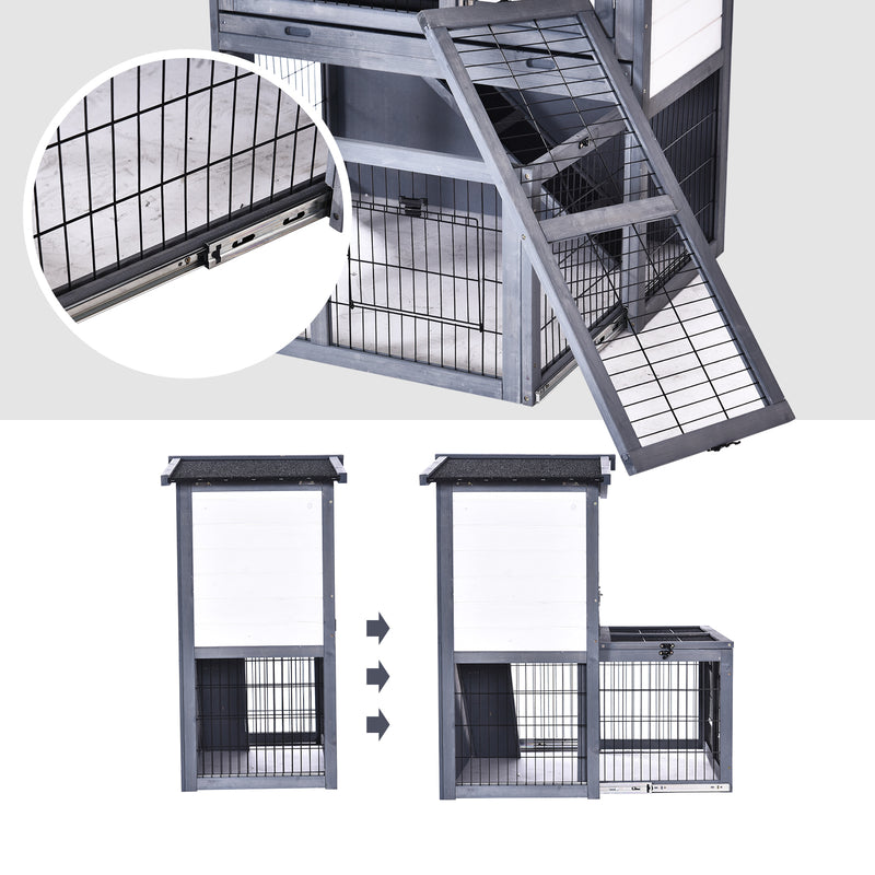 2 Tier Wooden Rabbit Hutch for Outdoor Use with Ramp and Shelter for Guinea Pigs Grey AOSOM