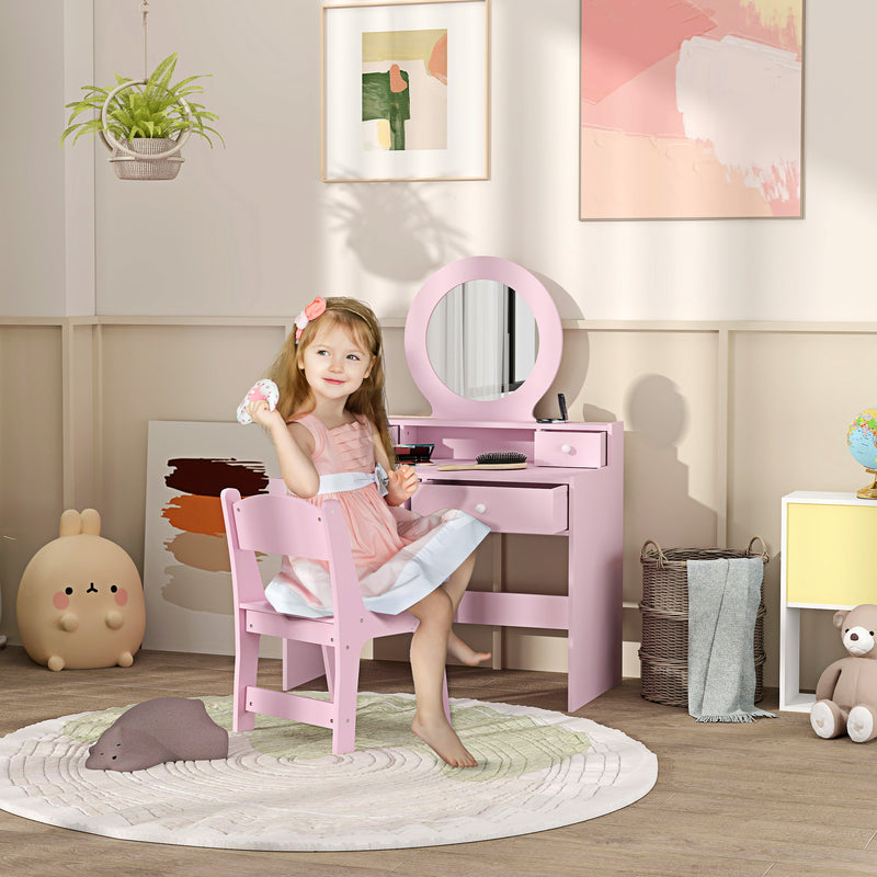 Kids Dressing Table Set with Mirror Stool and Storage Drawers Ideal Gift for Ages 3 to 8 Years, Pink