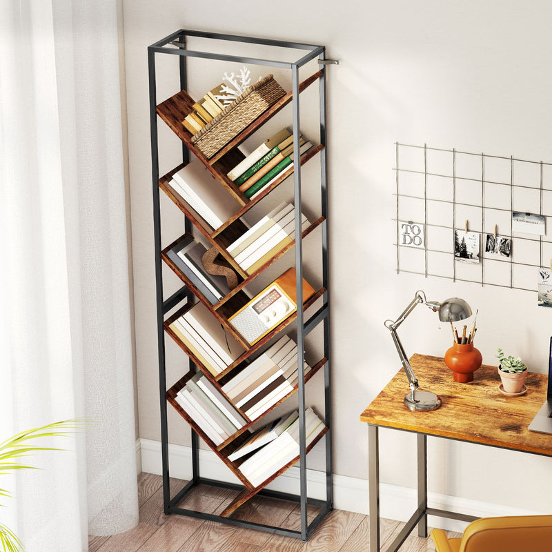 10 Shelf Industrial Bookcase With Metal Frame For Home Office Or Living Room Black Brown