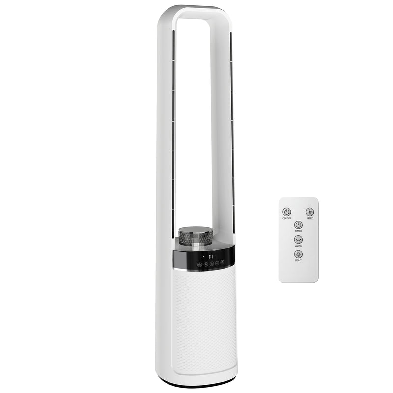 Oscillating Bladeless Tower Fan with Quiet Sleep Mode LED Lights and Remote Control for Bedrooms and Living Rooms, White