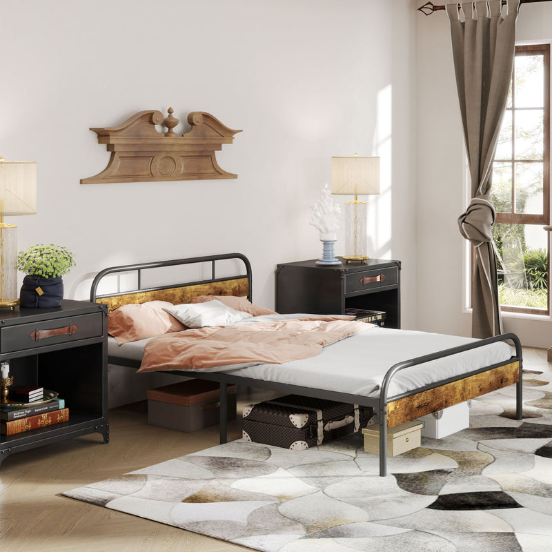Industrial Style Double Bed Frame Metal and Wood Black and Brown by HOMCOM