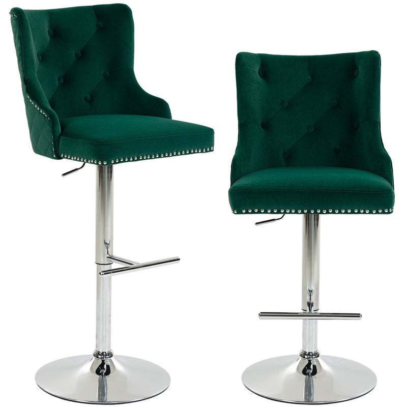 Pair of Homcom dark green button-tufted bar stools with chrome swivel bases