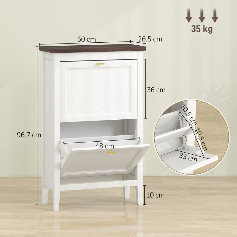 Narrow Shoe Cabinet for Hallways with 2 Flip Drawers White With Gold Handles 60 x 27 x 97 cm Homcom