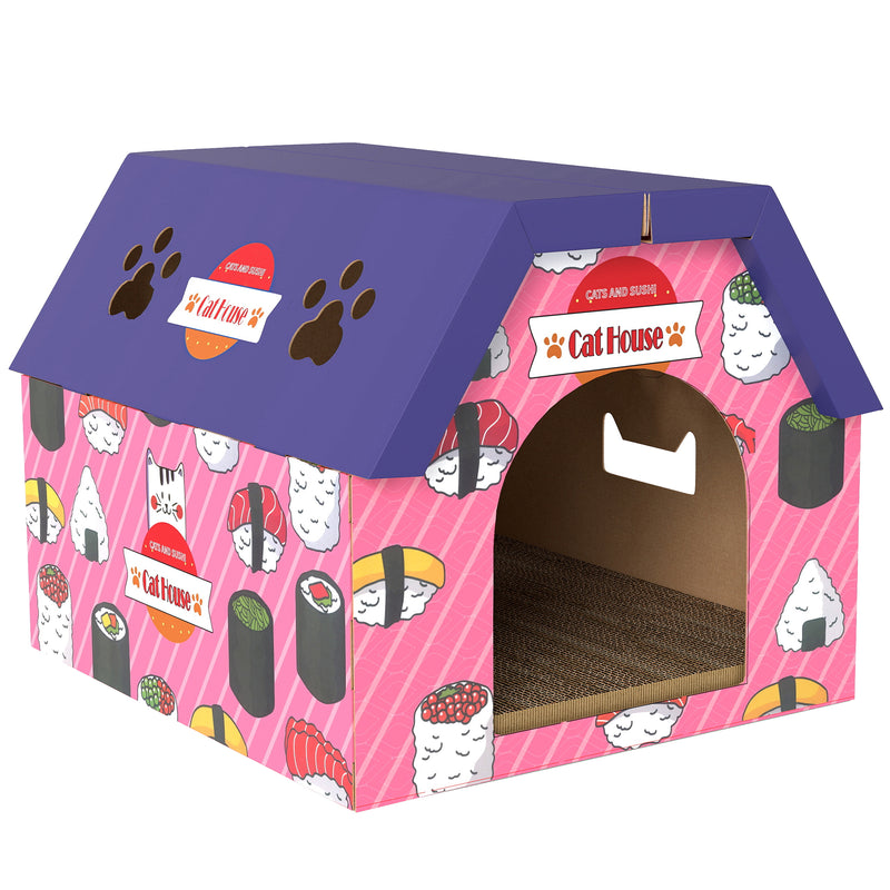 2 in 1 Cardboard Cat House with Scratching Board for Indoor Cats, Pink AOSOM