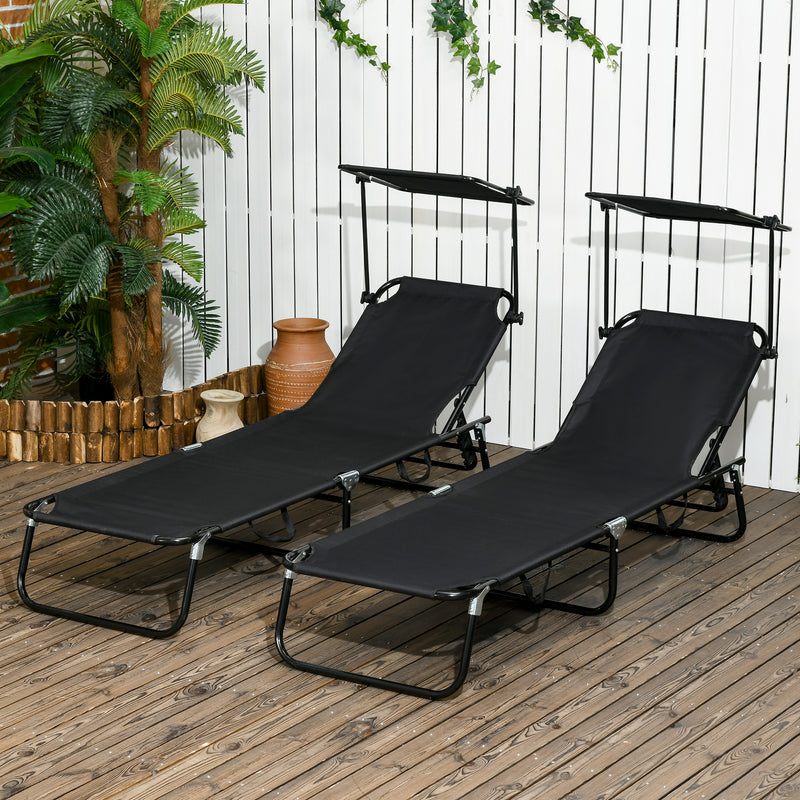 Black Folding Sun Loungers Set of 2 Adjustable Backrests and Face Canopies for Outdoor Use Black Outsunny