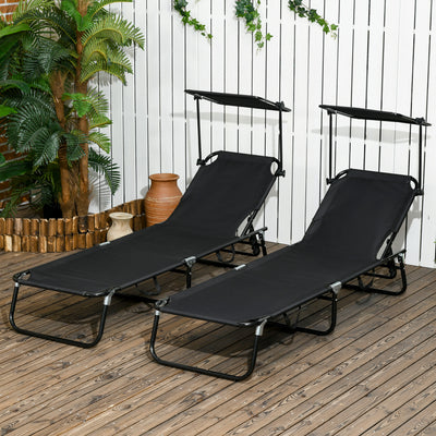 Black Folding Sun Loungers Set of 2 Adjustable Backrests and Face Canopies for Outdoor Use Black Outsunny