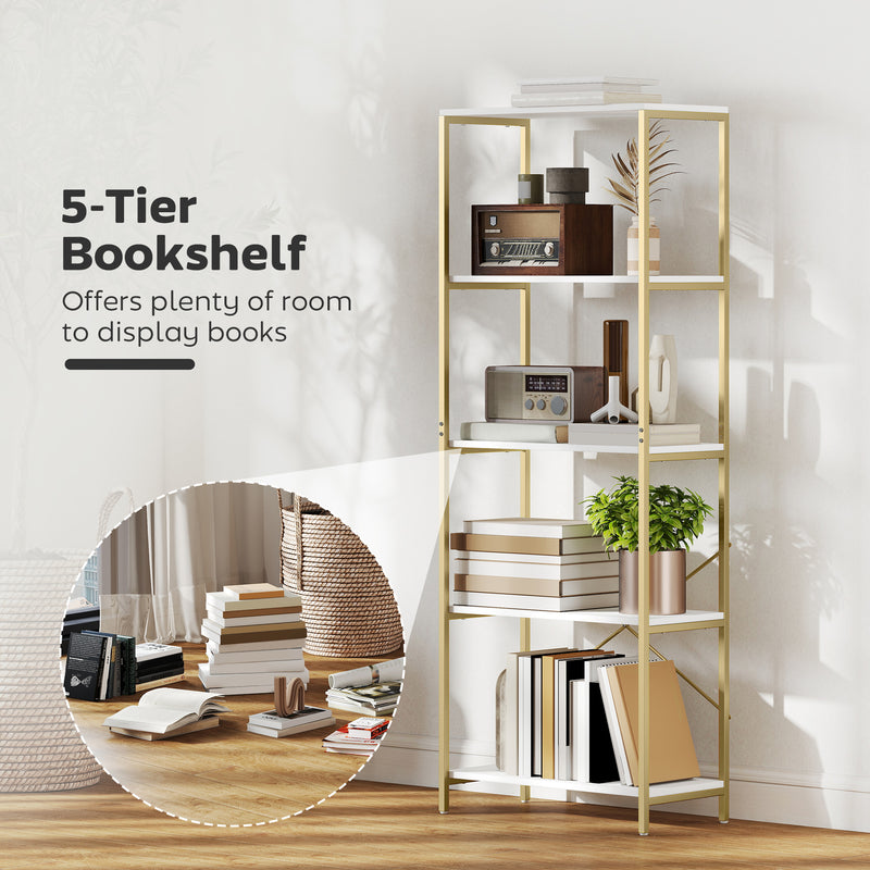 Gold and White Shelves For Living Room - 5 Tier Bookcase For Room Organisation - Gold Metal Frame With White Shelves Homcom