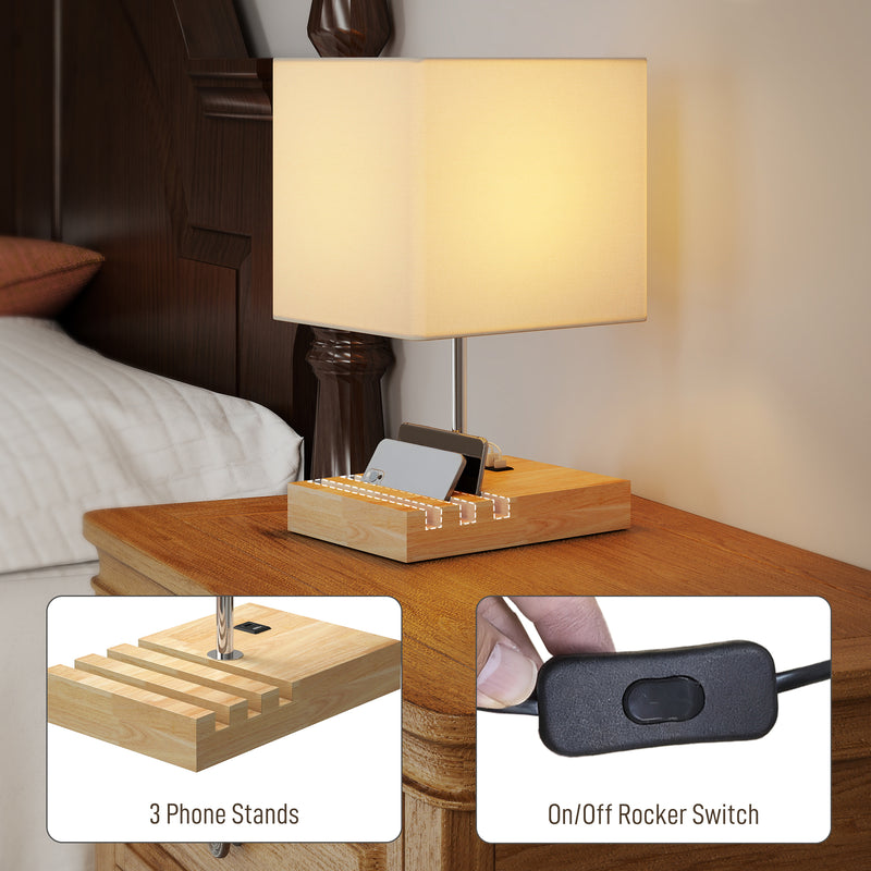 Modern Bedside Table Lamp with USB Charging Ports and Phone Stands for Bedroom White AOSOM