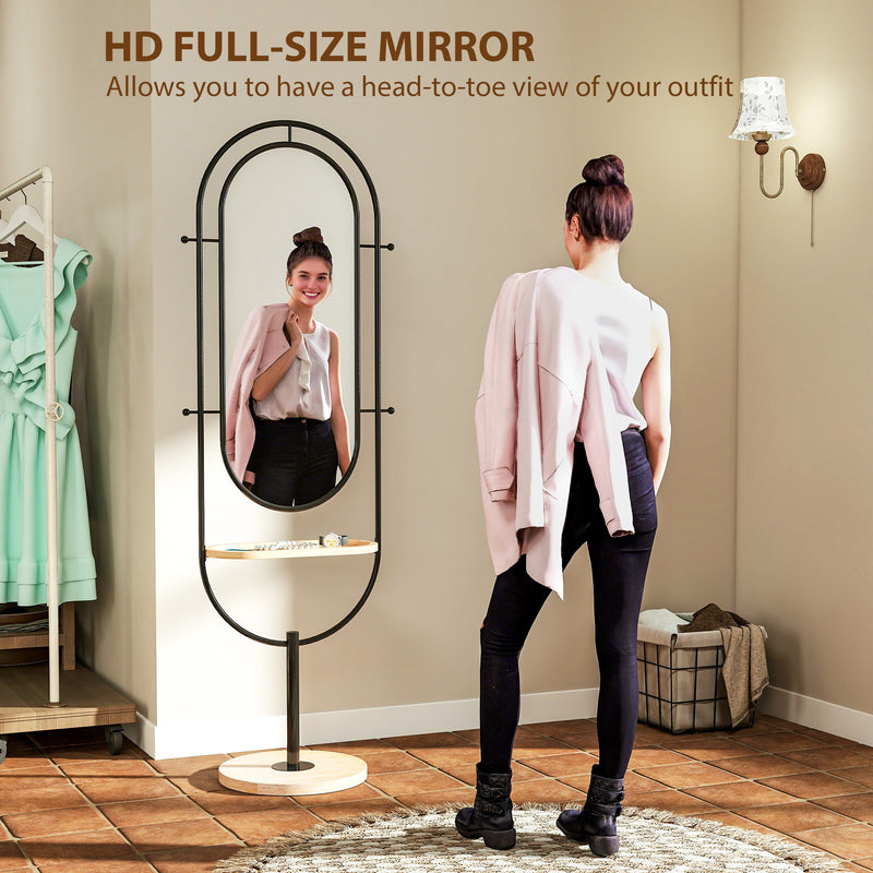 Full Length Oval Mirror with Wooden Storage Tray and 4 Coat Hooks for Hallway, Black