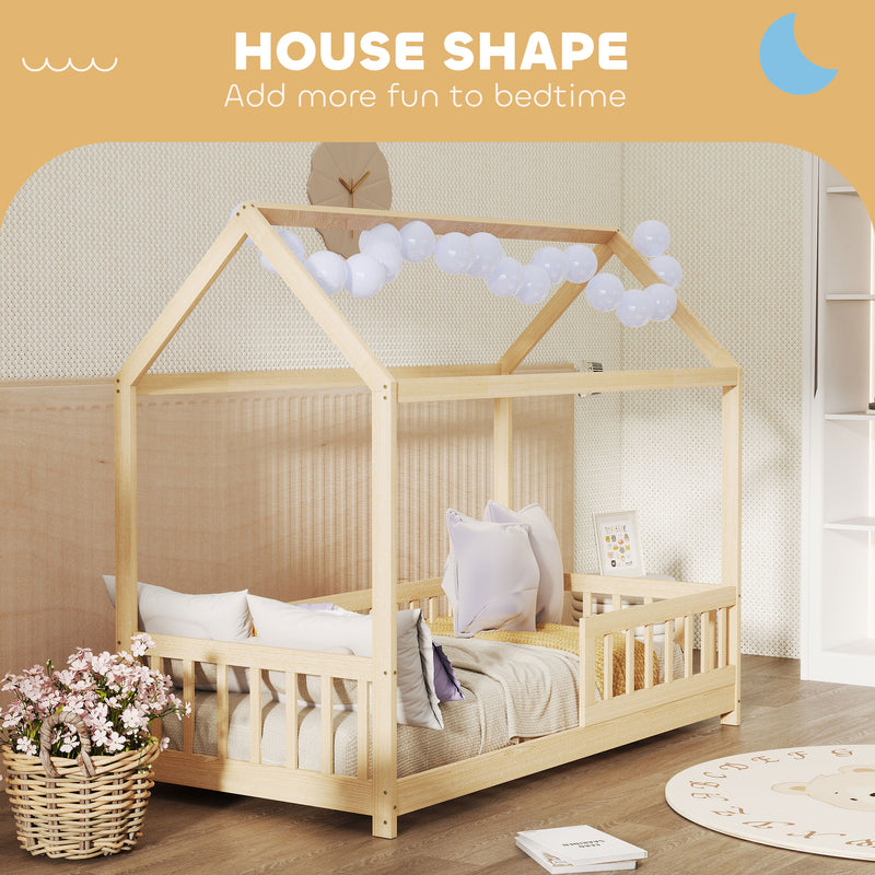 Wooden Kids House Bed Frame with Safety Guard Rails for Children Single Bed Natural AOSOM