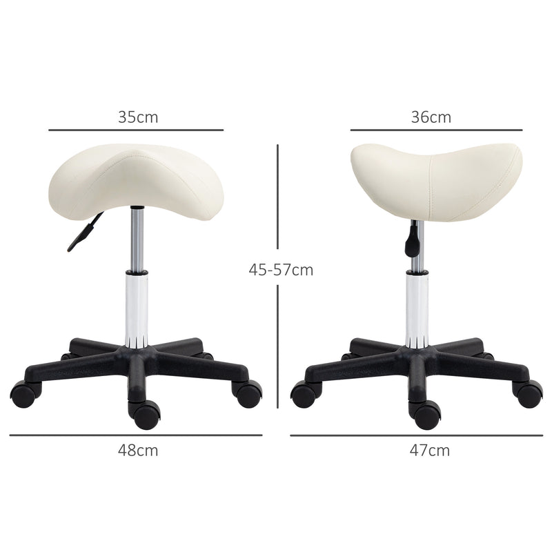 Adjustable Saddle Stool with PU Leather Seat and Wheels for Salon or Spa Use White