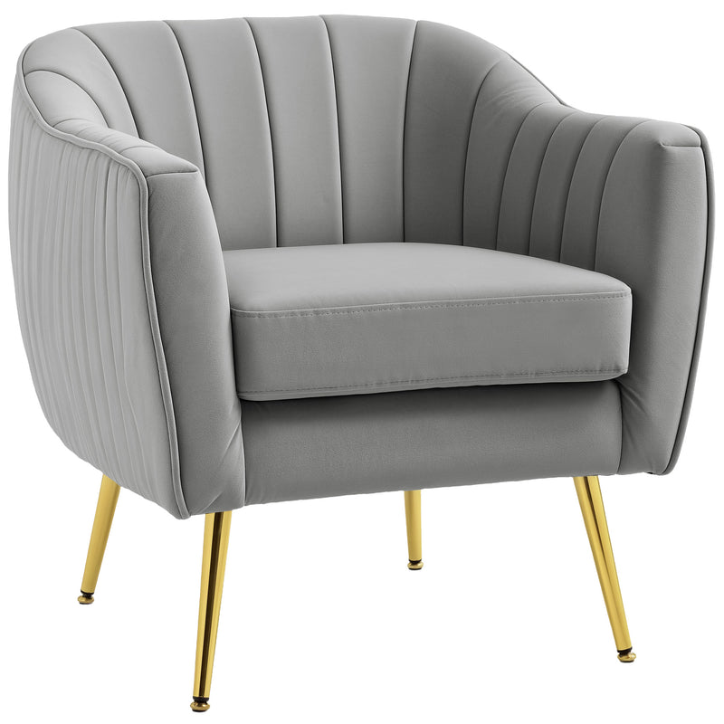Grey Velvet Shell Back Accent Chair with Gold Legs and Padded Seat by HOMCOM