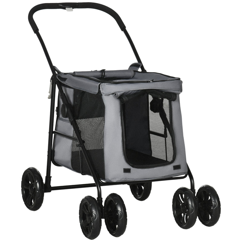 PawHut Dog Pram Dog Stroller 4 Wheels Pet Pushchair with Rolling Door, Cushion, Safety Leashes, for Small and Medium Breeds, Grey