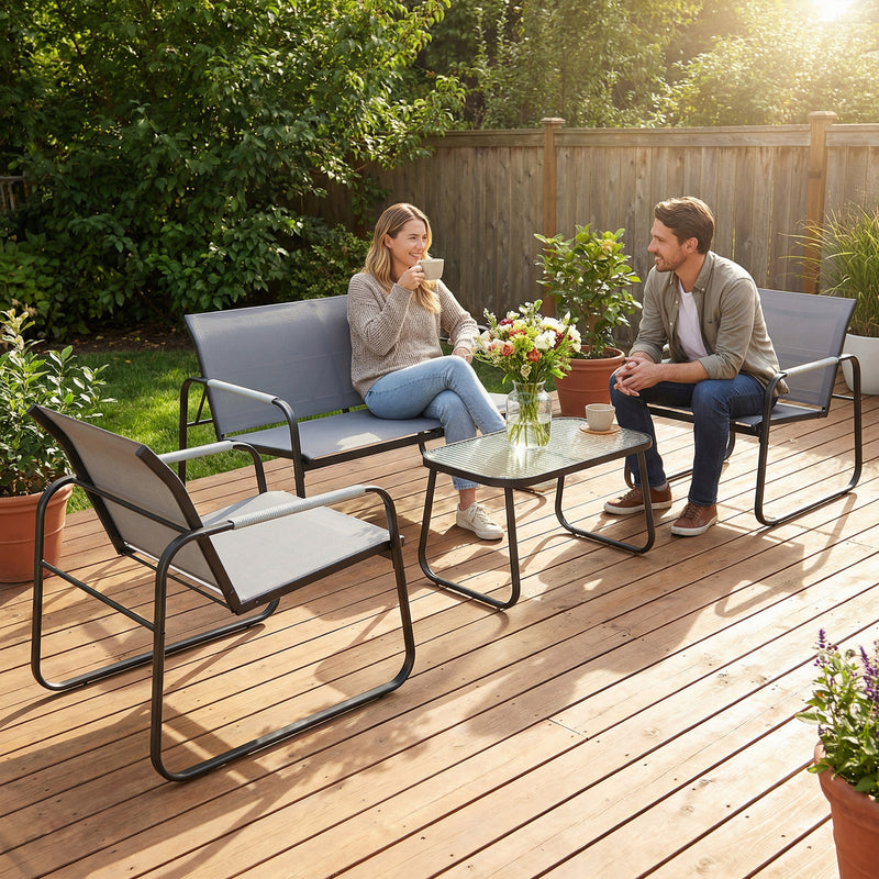 4 Piece Garden Furniture Set with Breathable Mesh Seats and Glass Table. Grey/Black