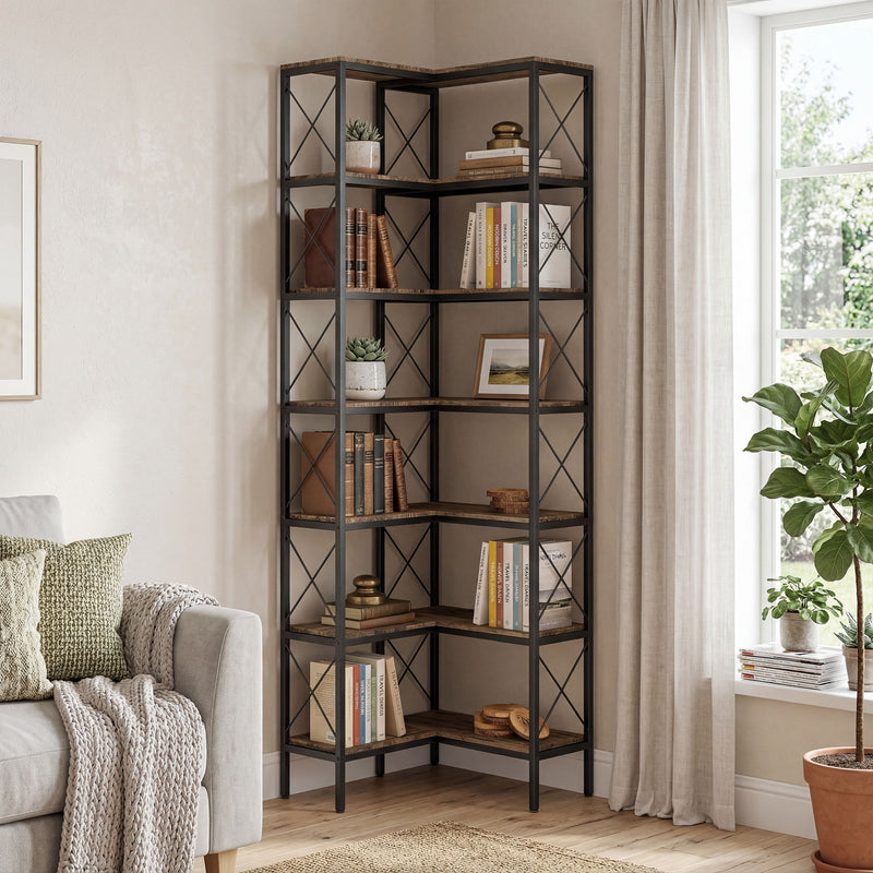 Corner Bookcase with 6 Shelves for Space Saving Storage in Small Rooms Rustic Brown