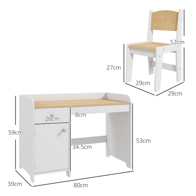 Kids Study Desk and Chair Set with Storage Drawer Ideal for Ages 3 to 6, White