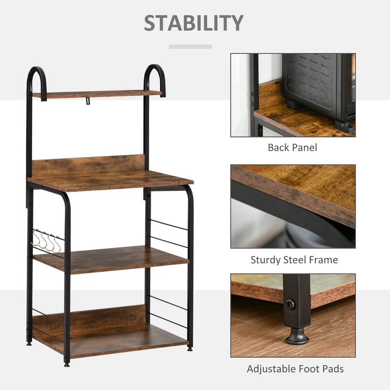 Kitchen Shelf Unit with 4 Shelves and Side Hooks for Compact Storage Rustic Brown
