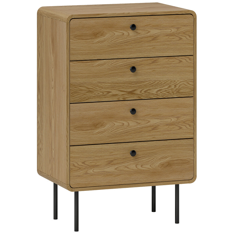 Modern Chest of 4 Drawers for Bedroom Storage with Sleek Design With Curved Edges, Oak Effect