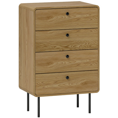 Modern Chest of 4 Drawers for Bedroom Storage with Sleek Design With Curved Edges, Oak Effect Homcom