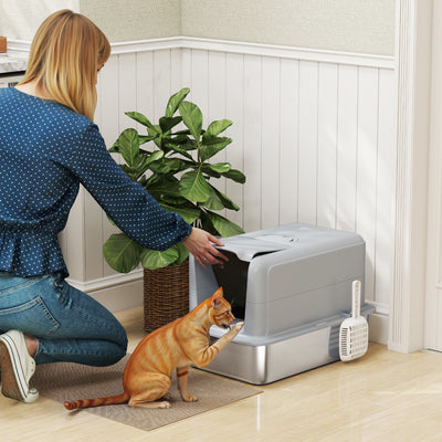 Stainless Steel Cat Litter Box with Scoop and Filter Bags for Large Cats Grey