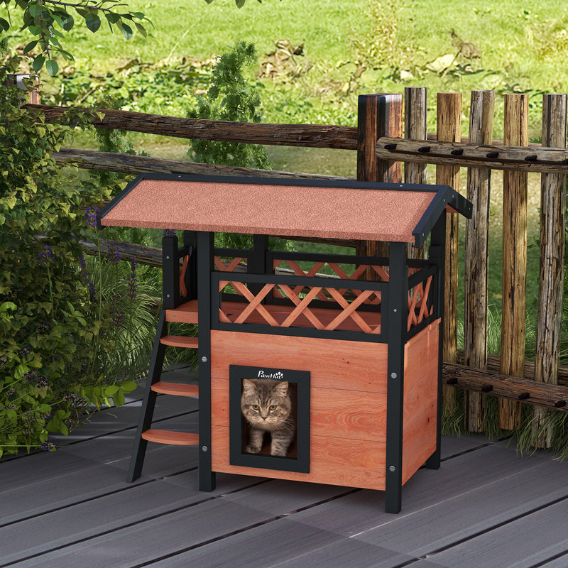 Outdoor Wooden Cat House With Balcony And Stairs Ideal For Garden Or Patio Use, Brown