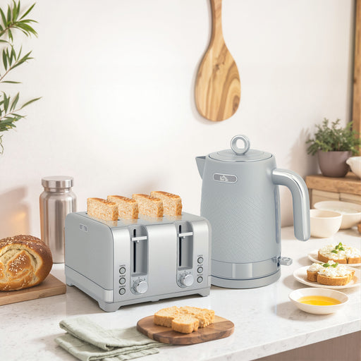Textured Kettle and Four Slice Toaster Set With Fast Boil and Browning Control Grey