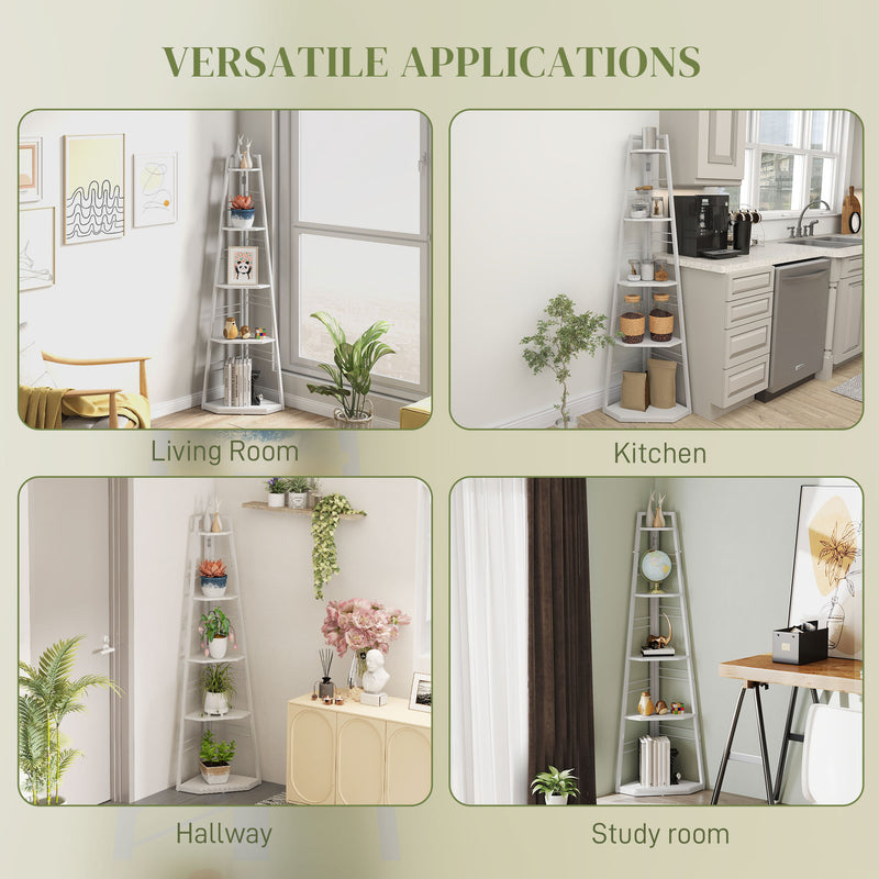 White 5 Tier Wooden Corner Shelf Unit for Living Room or Office Storage by HOMCOM