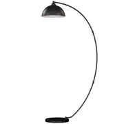 Black arc floor lamp with bowl-shaped shade and round marble base, studio shot