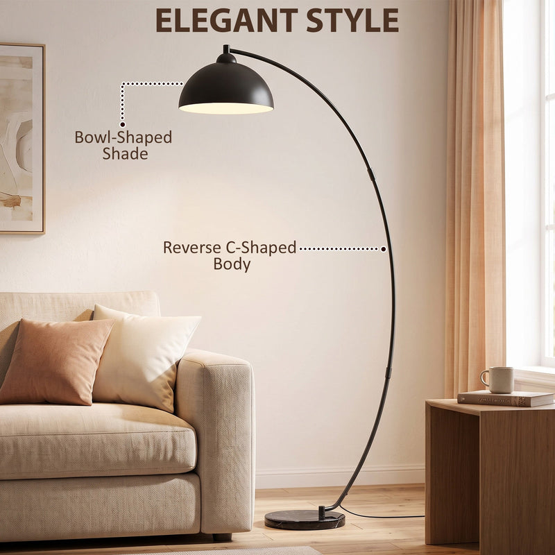 Callouts pointing to the bowl-shaped shade and reverse C-shaped body of the lamp