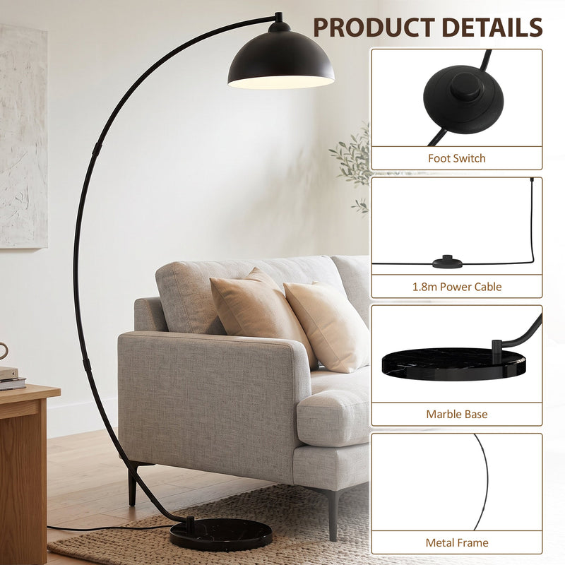 Product detail panels showing the foot switch, 1.8 m power cable, marble base and metal frame