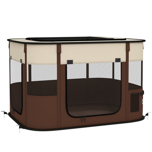 Portable Foldable Dog Playpen with Ground Stakes and Storage Bag for Travel, Brown