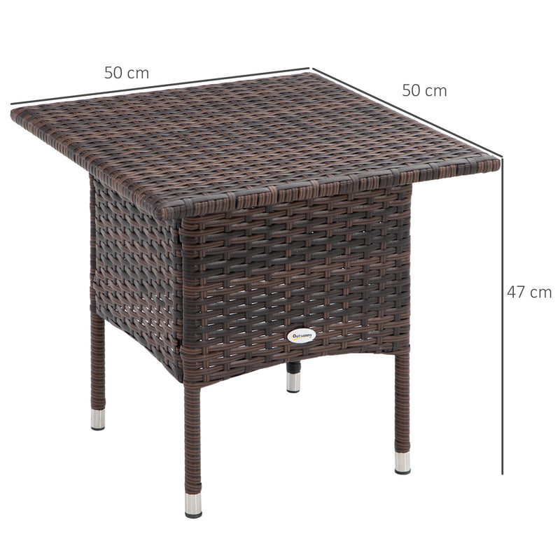 Brown Square Rattan Garden Side Table With Plastic Top For Patio Balcony Or Outdoor Use