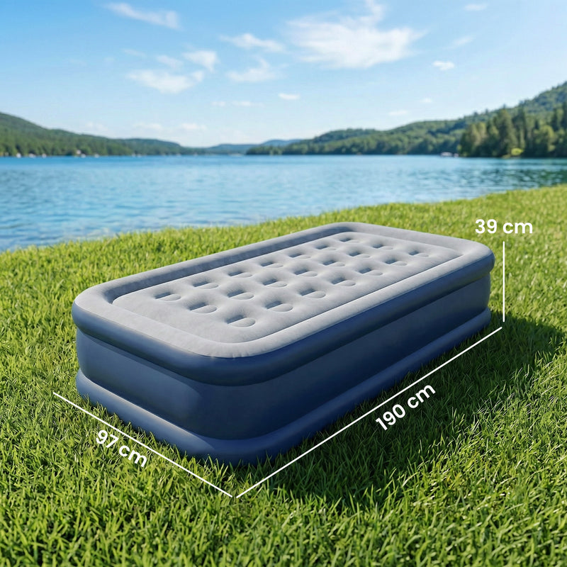Single Inflatable Mattress with Built In Pump for Camping or Guests Grey
