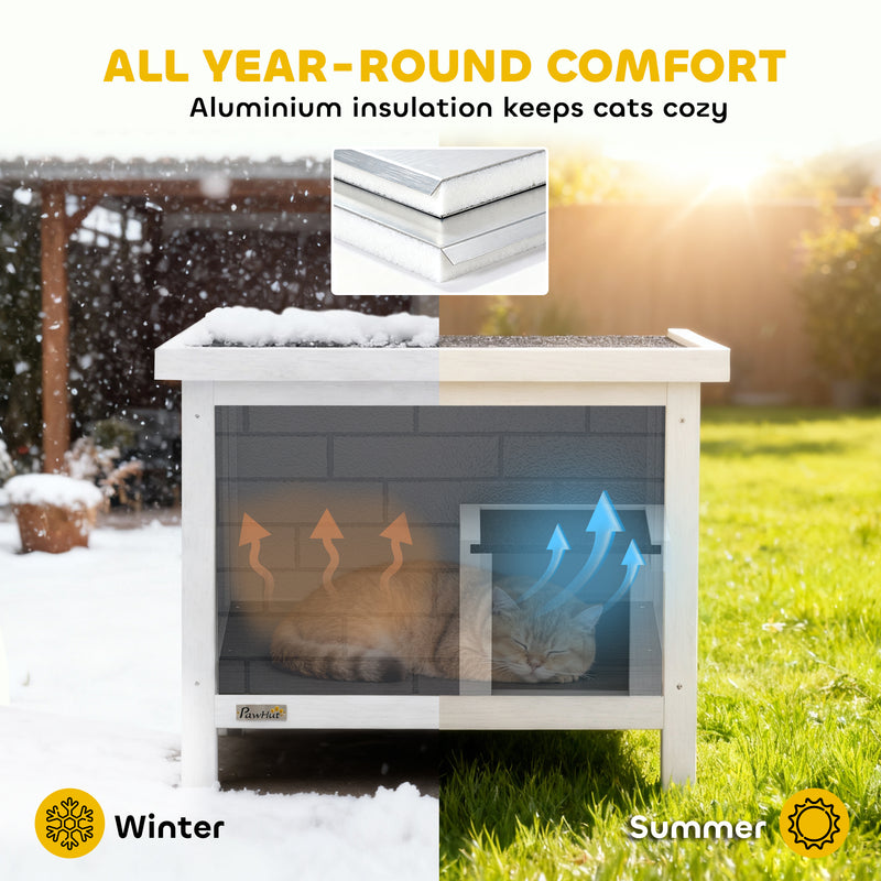 Insulated Outdoor Cat House Shelter - Flip Up Roof for Feral Cats, Grey & White PawHut