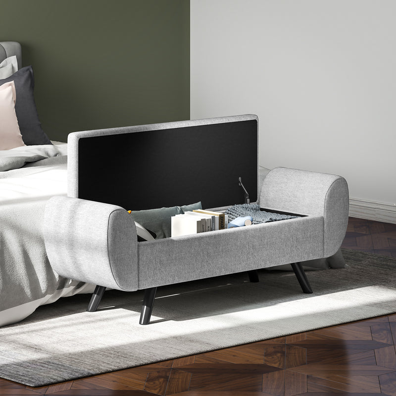 Dark Grey Upholstered Storage Ottoman Bench with Armrests and Rubberwood Legs by HOMCOM